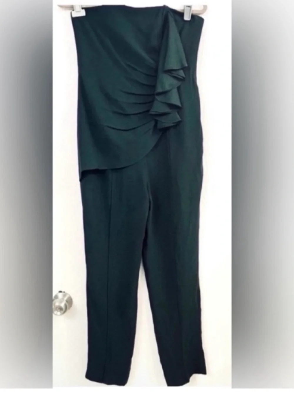 Diane Von Furstenberg Strapless Dark Green Strapless Ruffle Jumpsuit Size 6